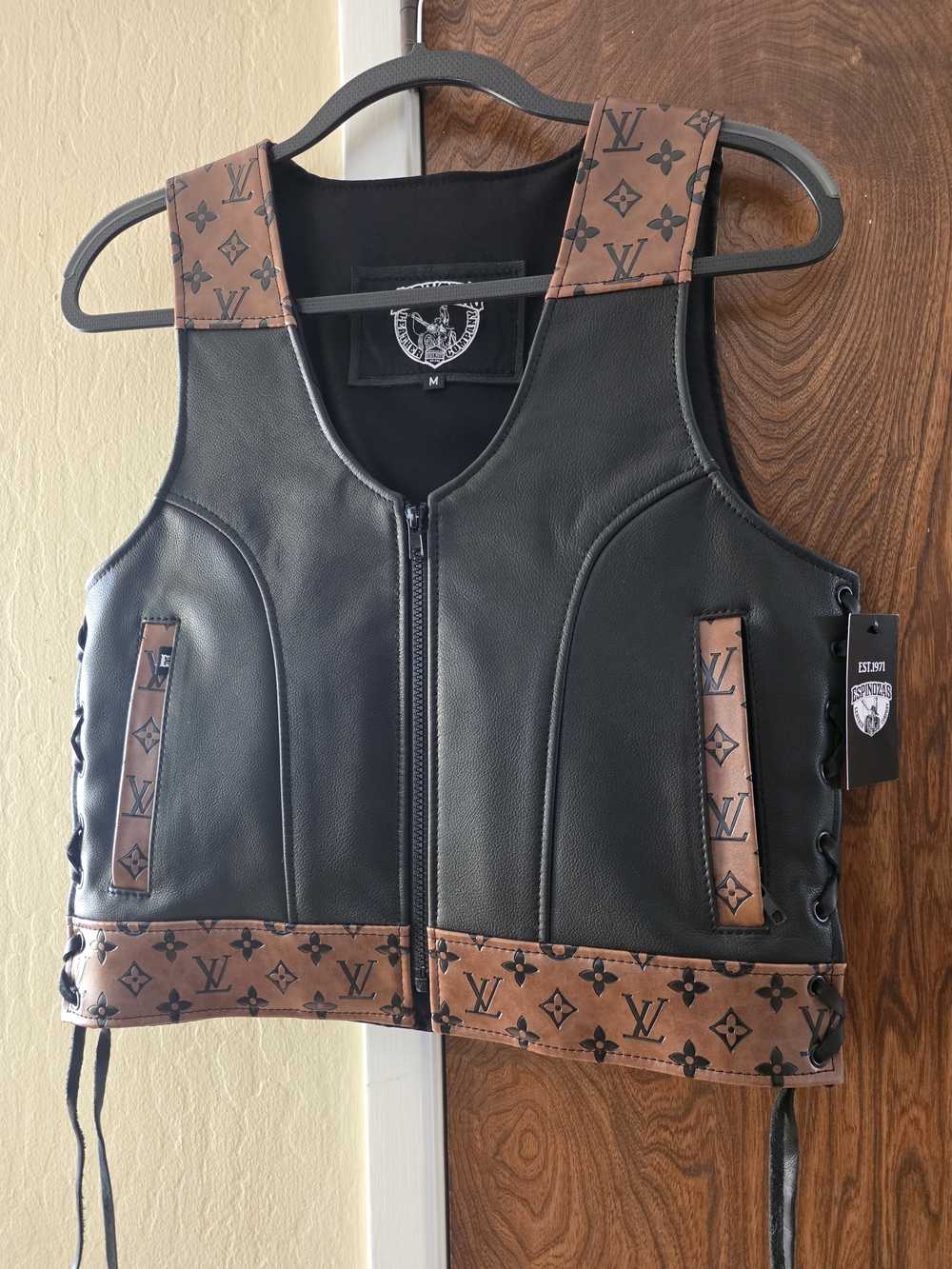 Designer-Inspired Black Leather Vest with Brown Monogram Trim